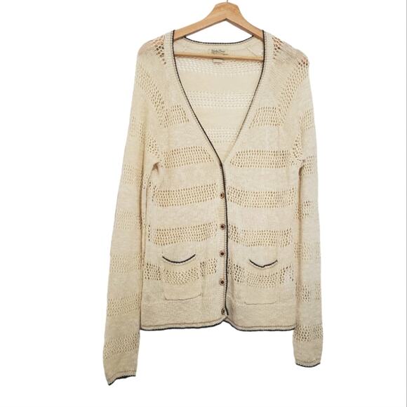 Lucky Brand | Carmine Linen Blend Pointelle Open Knit Front Button Cardigan - Picture 1 of 13